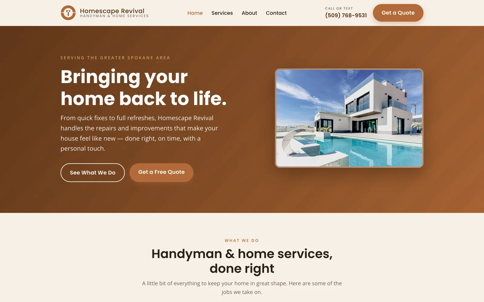 The Homescape Revival homepage: a copper hero band reading 'Bringing your home back to life', with buttons to see the services and request a free quote.