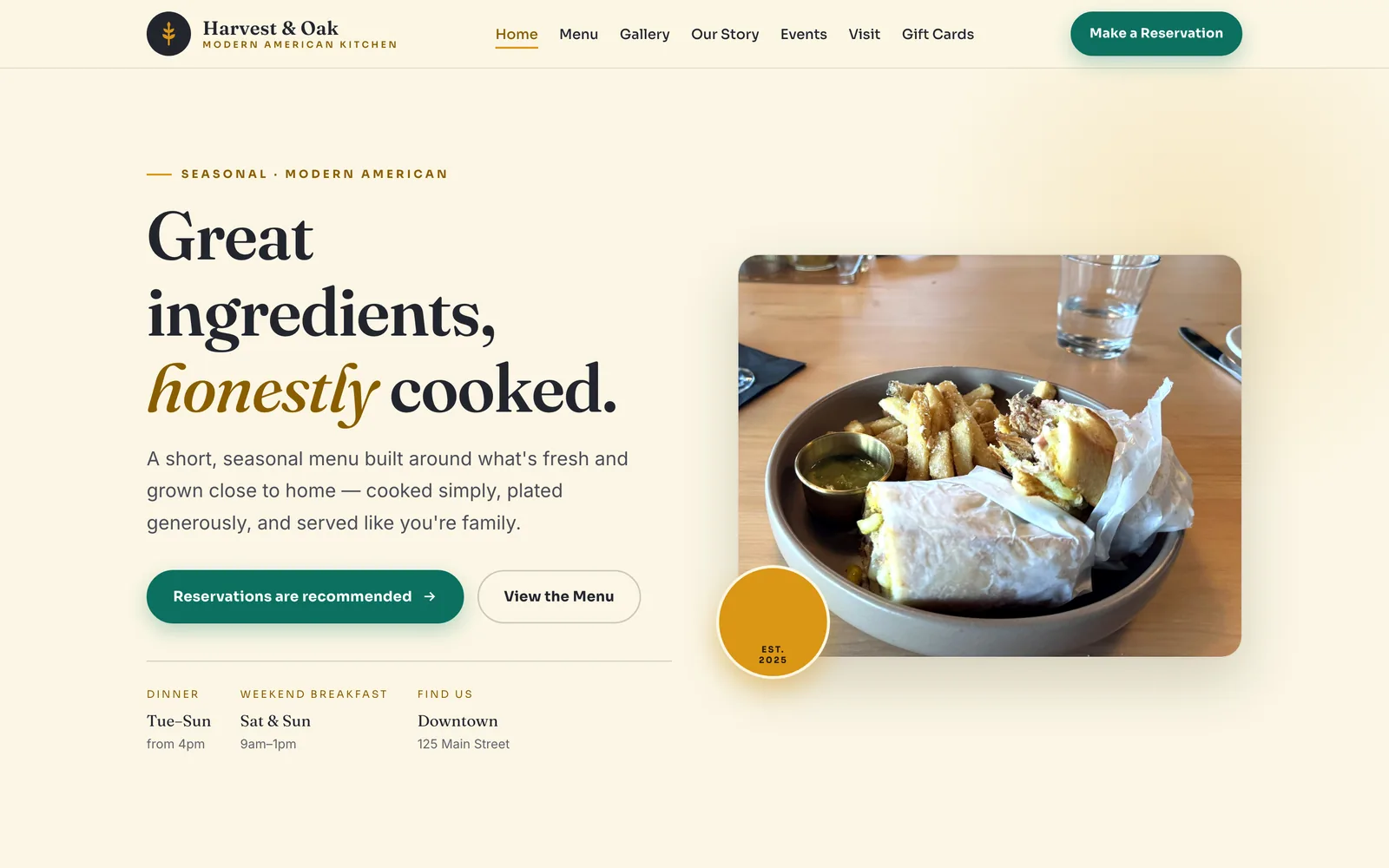A restaurant homepage concept: a cream page with the headline 'Great ingredients, honestly cooked', a photograph of a pressed sandwich and fries, and a reservation button.