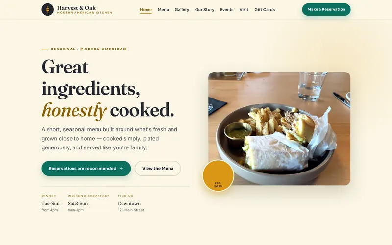 A restaurant homepage concept: a cream page with the headline 'Great ingredients, honestly cooked', a photograph of a pressed sandwich and fries, and a reservation button.
